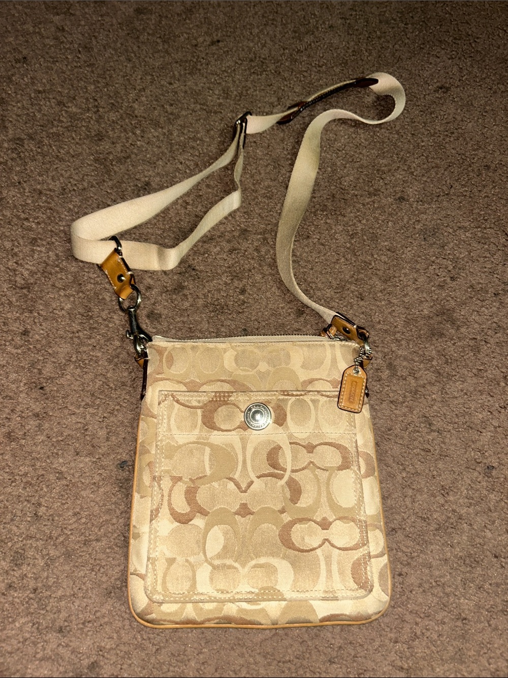 Coach Beige Signature Canvas Crossbody Bag with Cream Strap